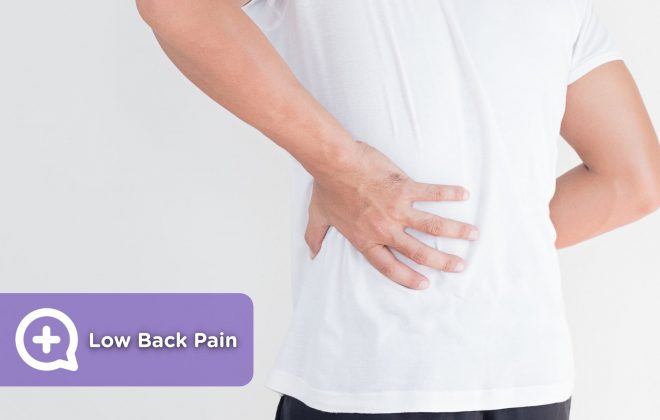 Man with back pain, cervical pain and low back pain, with his hand on his back