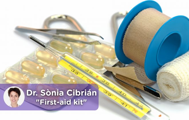 First-aid kit, analgesics, antipyretics, thermometer, tape, pills, emergency kit, scissors.