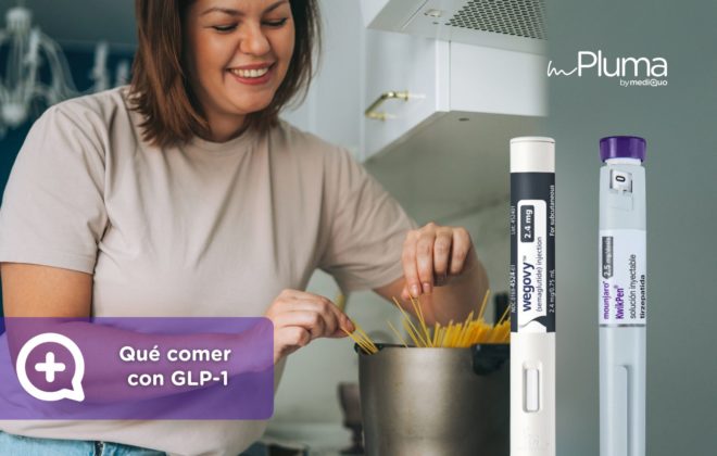 Alimentos recomendados para pacientes que usan GLP-1, como pescado, verduras, yogur y frutas, dentro de la guía de qué comer con Wegovy o Mounjaro.