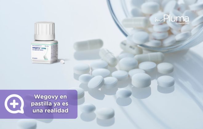 Pastillas de Wegovy junto a un envase del medicamento, representando la versión oral del tratamiento con semaglutida para la pérdida de peso y el control de la obesidad.